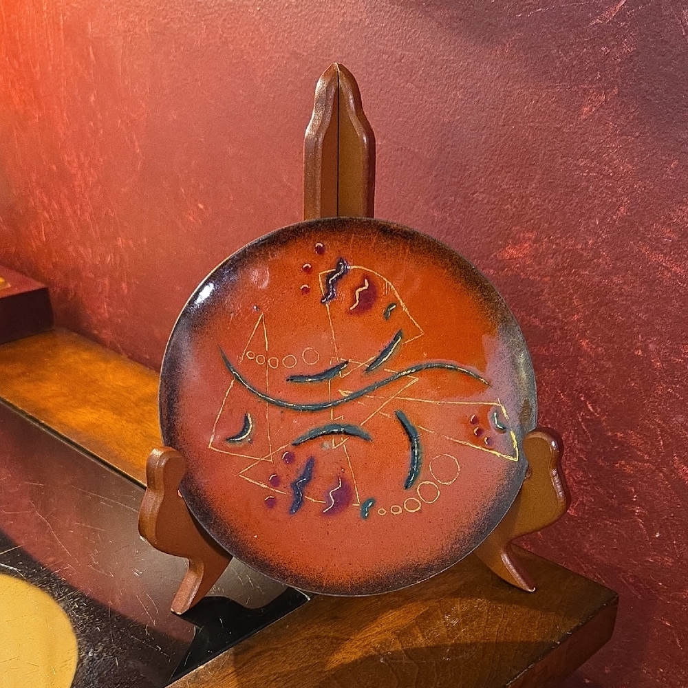 Vintage Copper/Enamel 3D Black/Orange/Gold Textured Plate - Signed